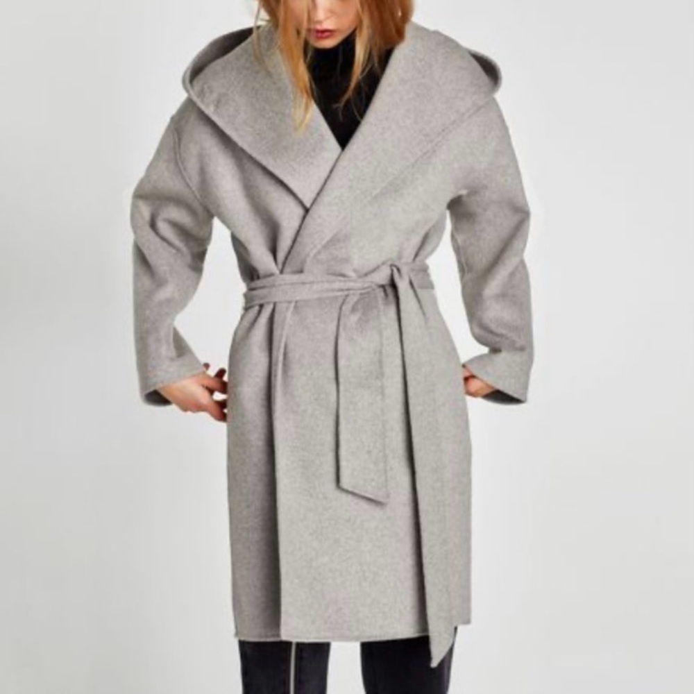Zara wool blend wrap belted coat with hood light heather grey